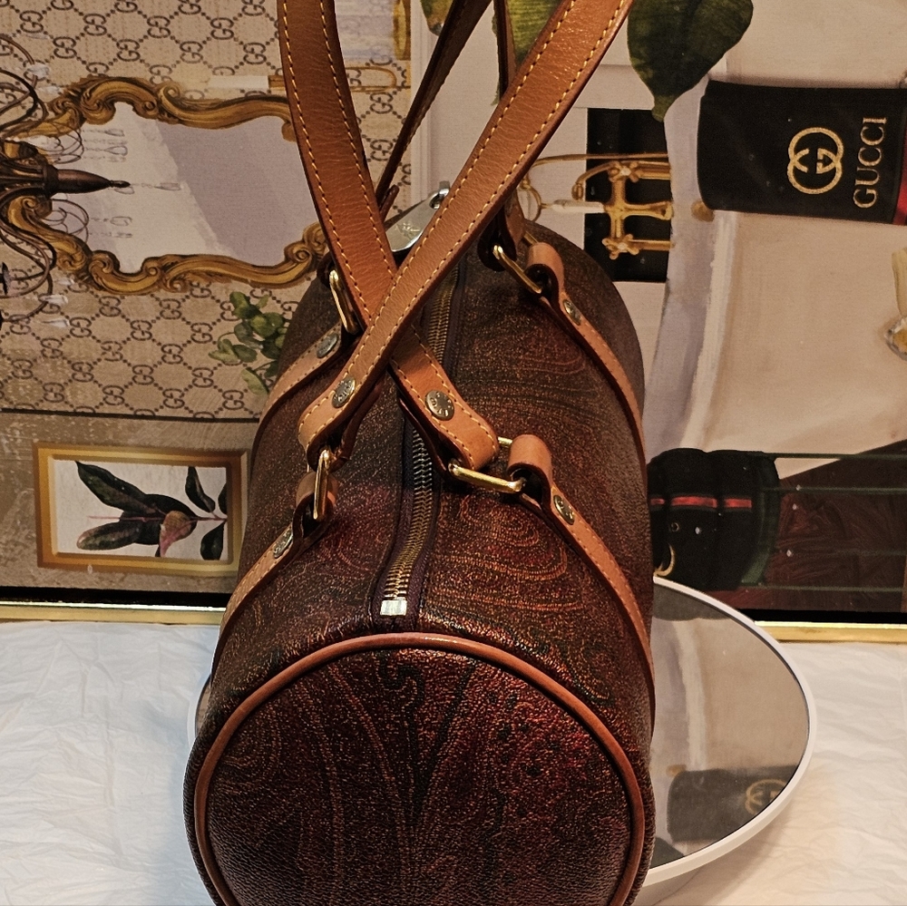 Etro Paisley Brown Embossed Leather Small Barrel Bag - Picture 3 of 16